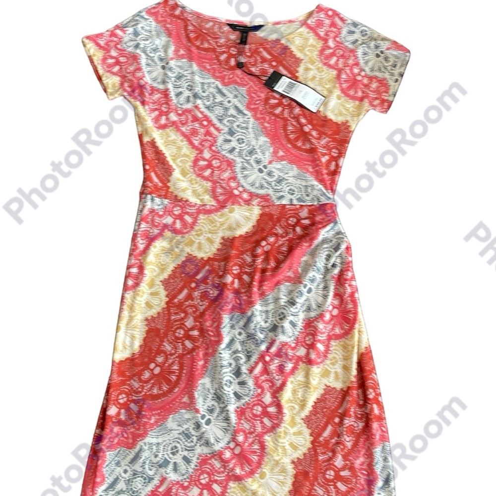 BCBGMAXAZRIA XXS Curry Red Combo Christelle Ruched Waist Short Sleeve Dress